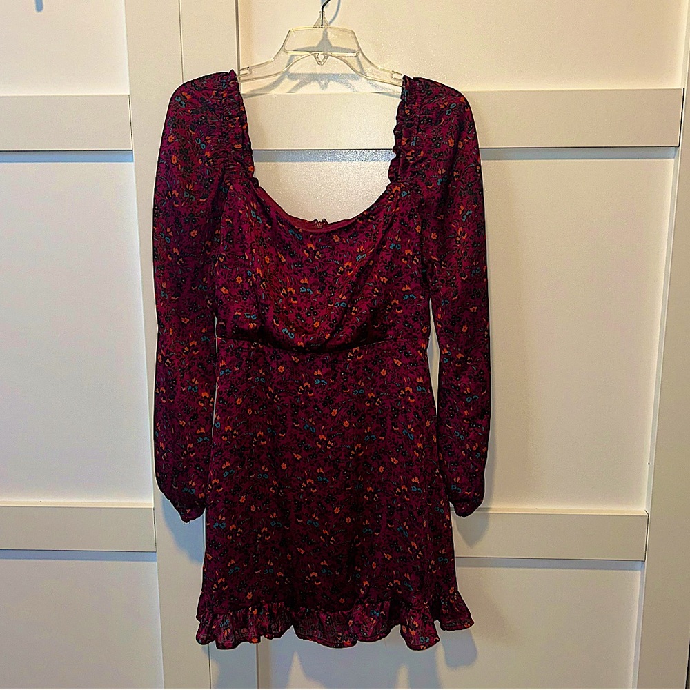 Lush Burgundy Floral Long Sleeve Dress